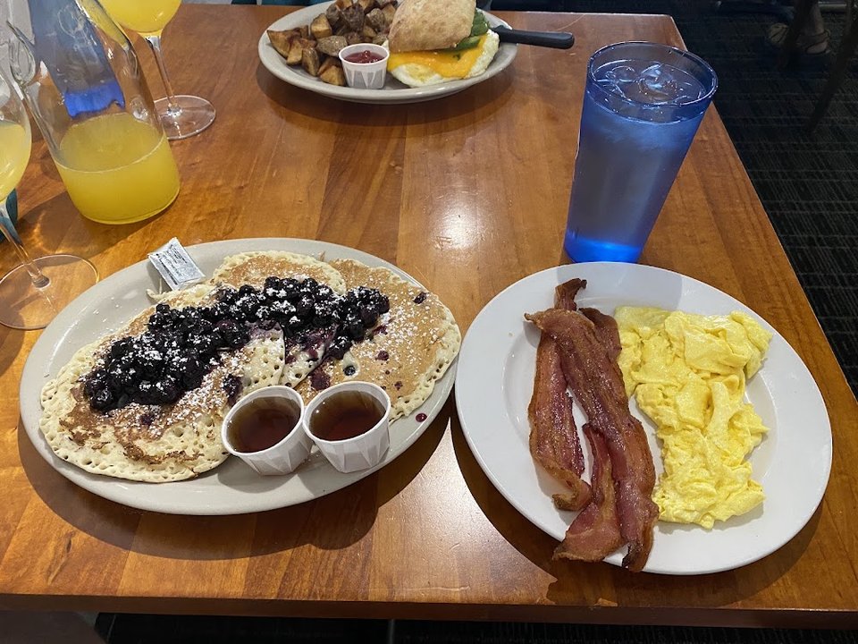 Blueberry Pancakes Eggs and Bacon